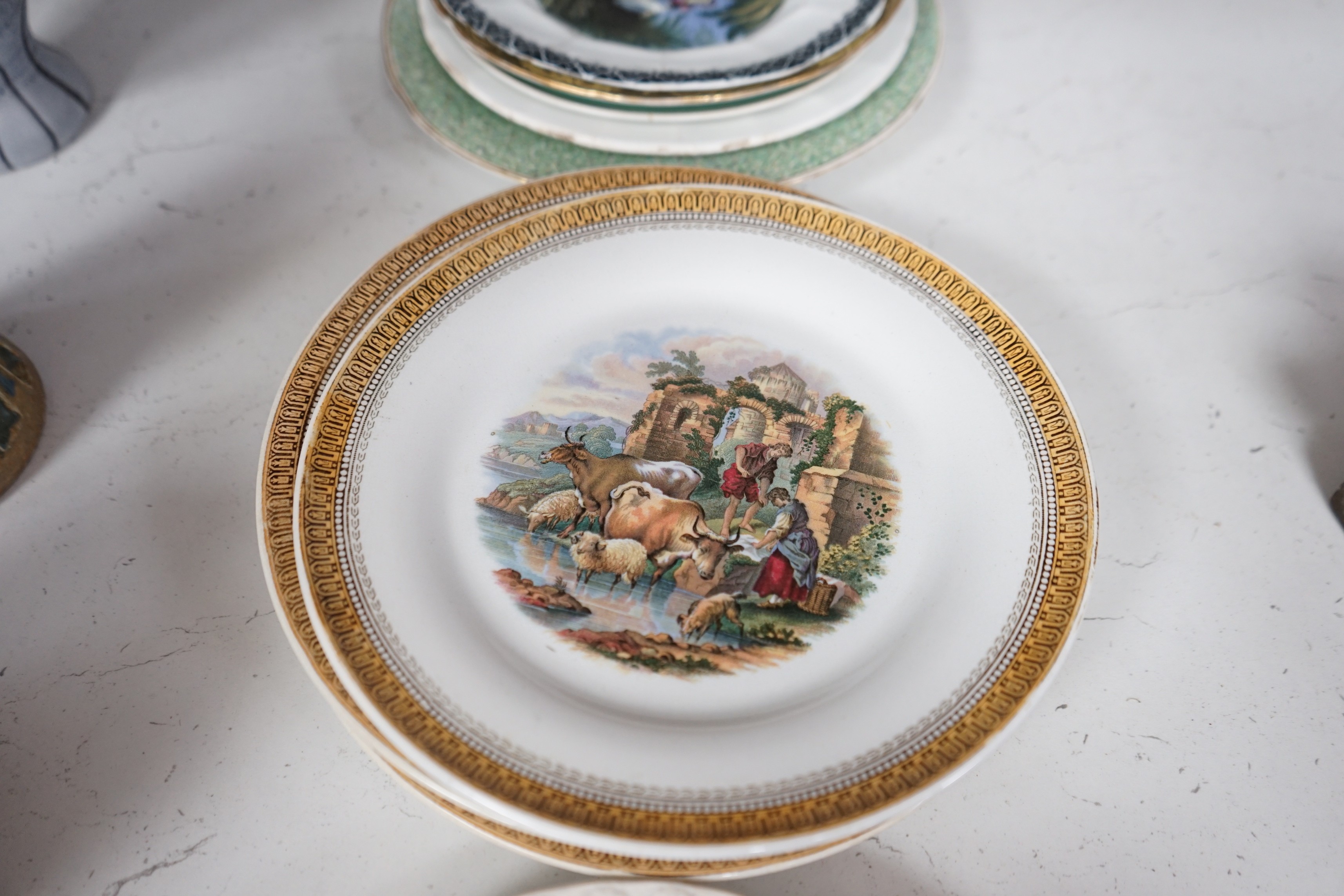 A group of Victorian multi-colour printed plates, to include Wedgwood and F & R Pratt